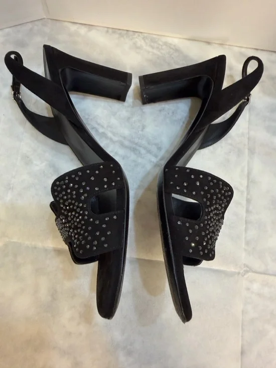 Hermes Black Suede Crystal Embellished Slingback H Sandals Size 39,9 (US 9,5) - Picture 14 of 17
